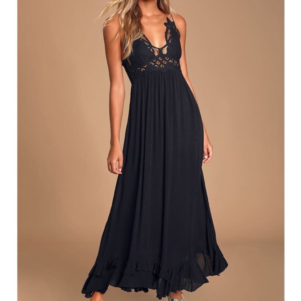 Free People Adella Maxi Slip Black Lace Dress Womens Medium Long Dark Romantic